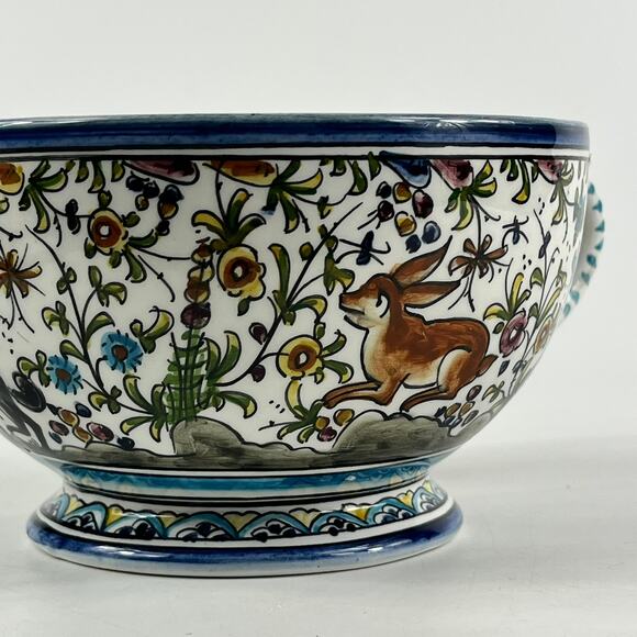 Ceramicas De Coimbra Portugal Hand Painted Floral Animal Soup Cup 7" x 3.5" - Picture 10 of 11